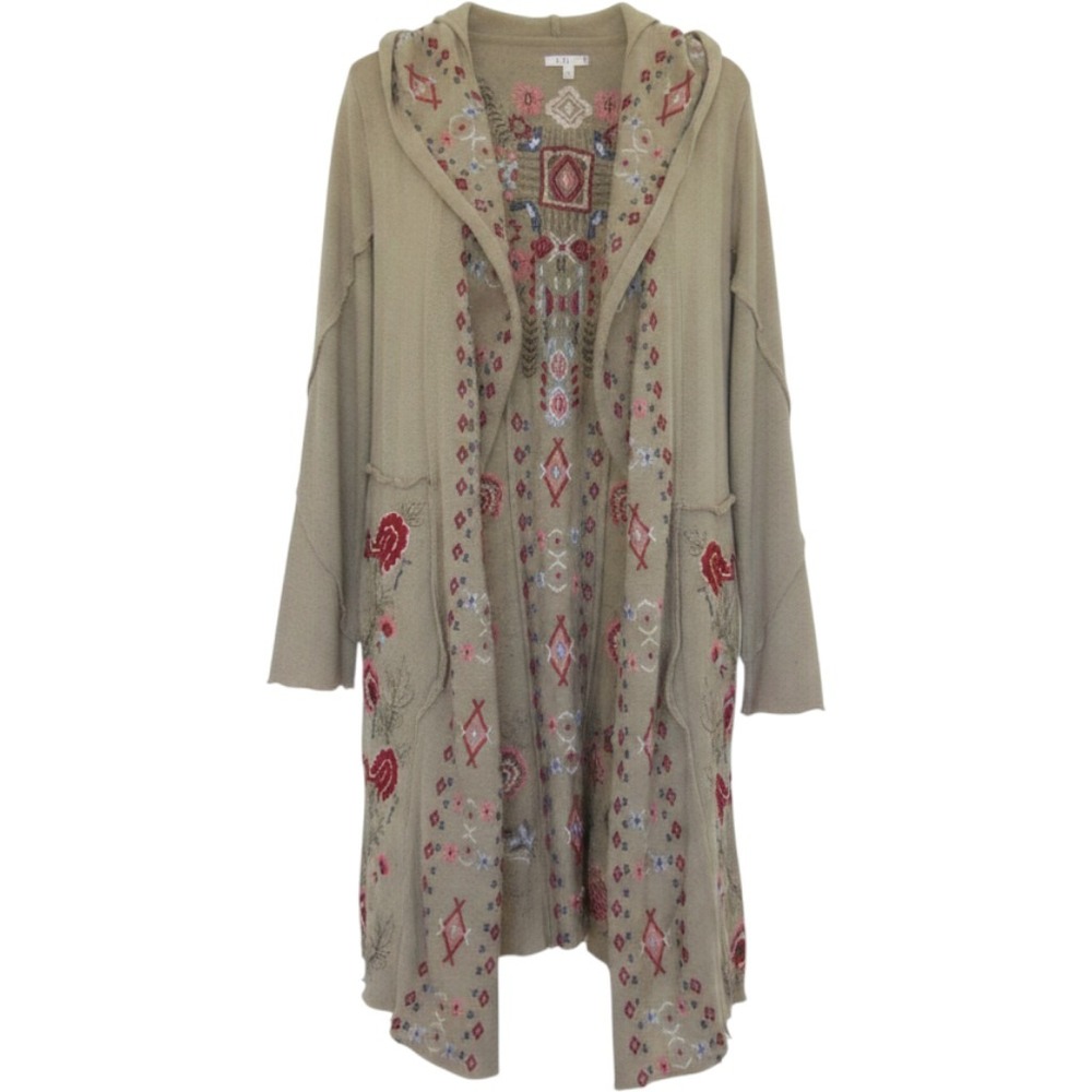 Caite Cardigan Sweater Womens S Embroidered Hooded Duster Taupe Floral Boho comf